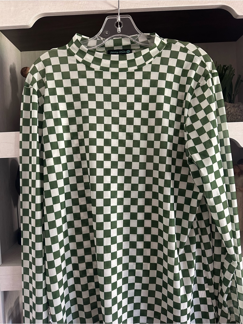 Green and White Checkerboard Long Sleeve Mesh Top